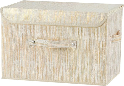 Decorative Storage Boxes with Lid Luxury Metallic Fabric Storage Bins Organizer Containers Collapsible Shelf Baskets with Handles for Home Bedroom Closet Office (Gold, Large Size)