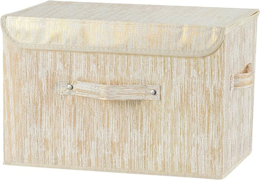 Decorative Storage Boxes with Lid Luxury Metallic Fabric Storage Bins Organizer Containers Collapsible Shelf Baskets with Handles for Home Bedroom Closet Office (Gold, Large Size)