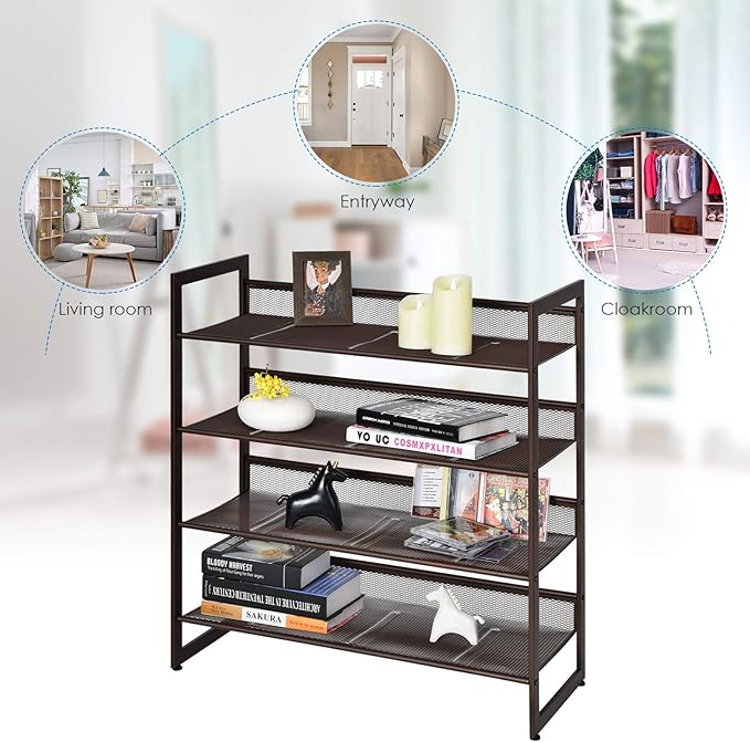 Tangkula 4-Tier Metal Shoe Rack, Stackable Flat & Slant Adjustable Shoe Storage Stand, Space Saving Shoes Shelf, Freestanding Shoes Rack Organizer for Entryway, Hallway