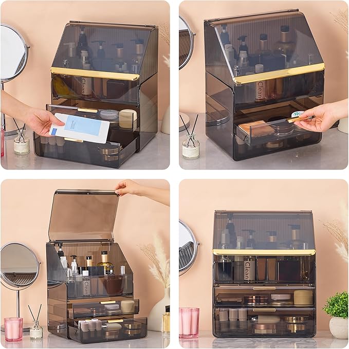 Large 3-Tier Makeup Organizer with Drawers and Lipstick Holder, Dustproof Waterproof Skincare Storage Box for Bathroom Countertop, Vanity Cosmetic Organizer,Clear Black