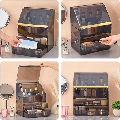 Large 3-Tier Makeup Organizer with Drawers and Lipstick Holder, Dustproof Waterproof Skincare Storage Box for Bathroom Countertop, Vanity Cosmetic Organizer,Clear Black