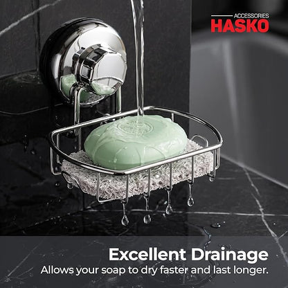 HASKO 2-Pack Suction Cup Soap Holder – Bar Soap Dish for Shower with Hooks for Bathroom – Optional Mounting with Adhesive Tape or Glue – Includes 2 Soap Savers – Polished Stainless Steel SS304