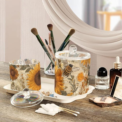2 Pack Qtip Dispenser Apothecary Jars with Lids Cotton Round Holder Bathroom Canisters for Cotton Swab Floss Ball Pads Clear Plastic Decorative Vintage Bees Sunflowers Daisy