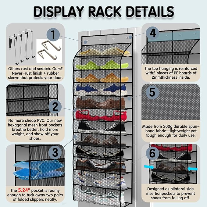 Kotkn Over The Door Shoe Organizer with 12 Large Breathable Pockets - Durable Hanging Storage for the Entire Family's Shoes (Gray)
