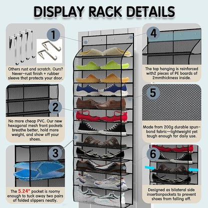 Kotkn Over The Door Shoe Organizer with 12 Large Breathable Pockets - Durable Hanging Storage for the Entire Family's Shoes (Gray)