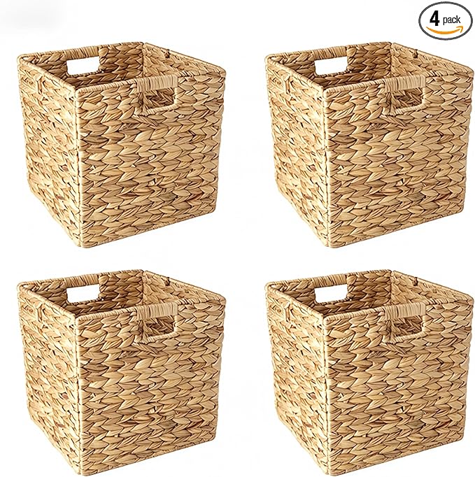 12x12in Storage Baskets,Set of 4 Water Hyacinth Baskets,Wicker Cube Baskets Laundry Organizer,Foldable Handwoven Storage Cubes,for Cube Shelf,Collapsible Laundry Baskets Pantry,Living Room,Bedroom