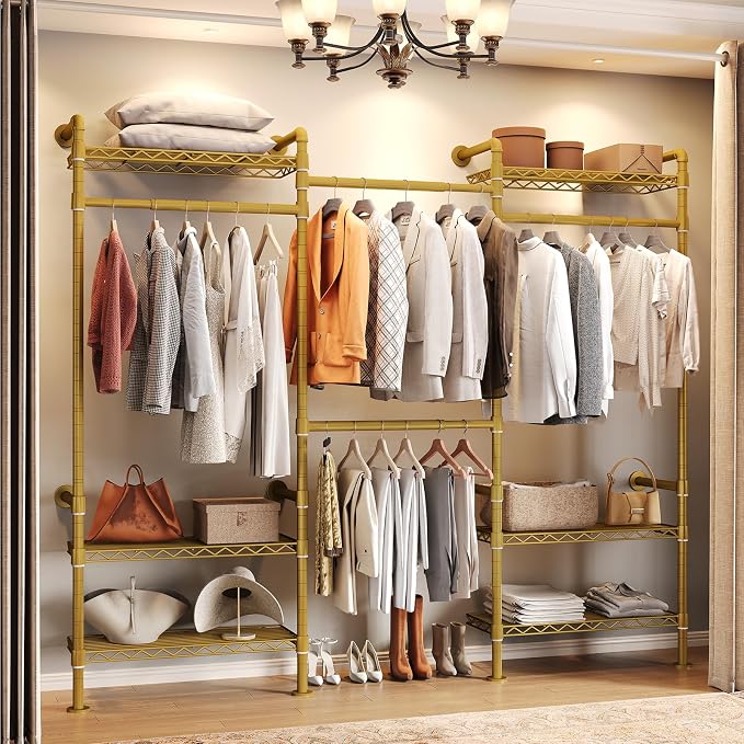 Wall Mounted Garment Rack, Walk-in Closet System with Expandable Rods, Adjustable Shelves, Industrial Pipe Clothing Racks, Hanging Clothes Organizers and Storage, Metal Closet Shelving Wardrobe