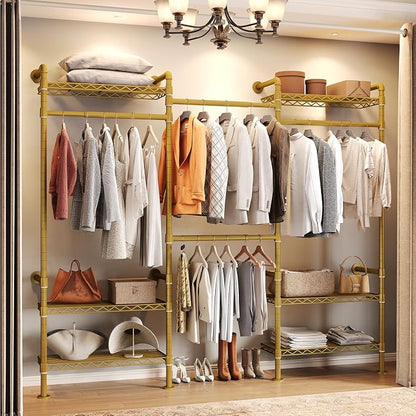 Wall Mounted Garment Rack, Walk-in Closet System with Expandable Rods, Adjustable Shelves, Industrial Pipe Clothing Racks, Hanging Clothes Organizers and Storage, Metal Closet Shelving Wardrobe