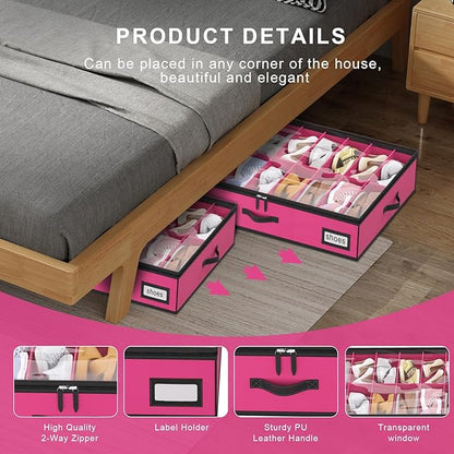 homyfort Shoe Organizer Under Bed, Fits 32 Pairs, Under bed Shoe Storage Boxes with Study Handles and Clear Cover, zapateras organizer for shoes, set of 2