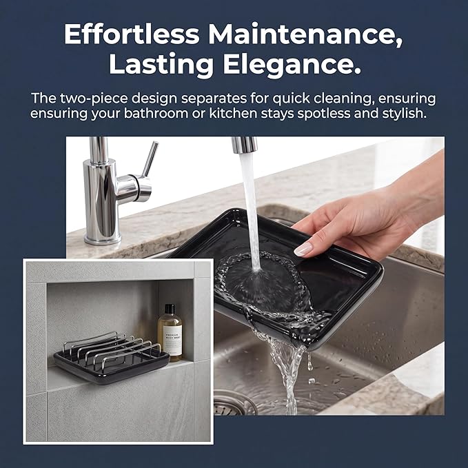 Soap Dish Drain Tray Self Draining Soap Holder Sponge Holder Soap Dishes for Shower, Bathroom, Kitchen Sink (1, C-Black)