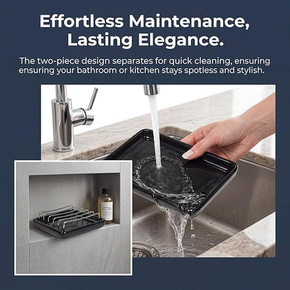 Soap Dish Drain Tray Self Draining Soap Holder Sponge Holder Soap Dishes for Shower, Bathroom, Kitchen Sink (1, C-Black)