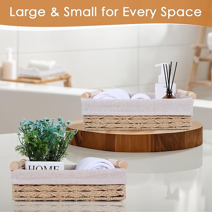 Wicker Storage Basket with Wooden Handle – Paper Rope Decorative Toilet Paper Baskets & Bathroom Organizer for Toilet Tank Top, Shelves, Bedroom, Countertop,Home,Office Storage Bins, 2 Pack,Beige