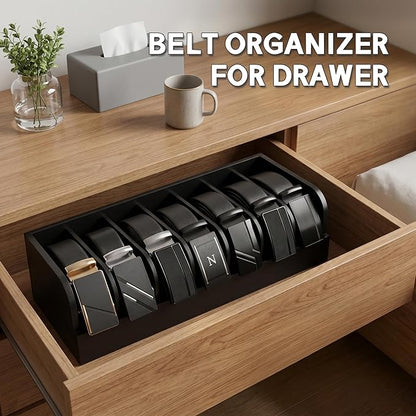 Belt Organizer, 7 Compartments Storage & Display Box for Closet Drawer, Holder Case for Ties and Belts, Bamboo Storage for Men Women (Black)