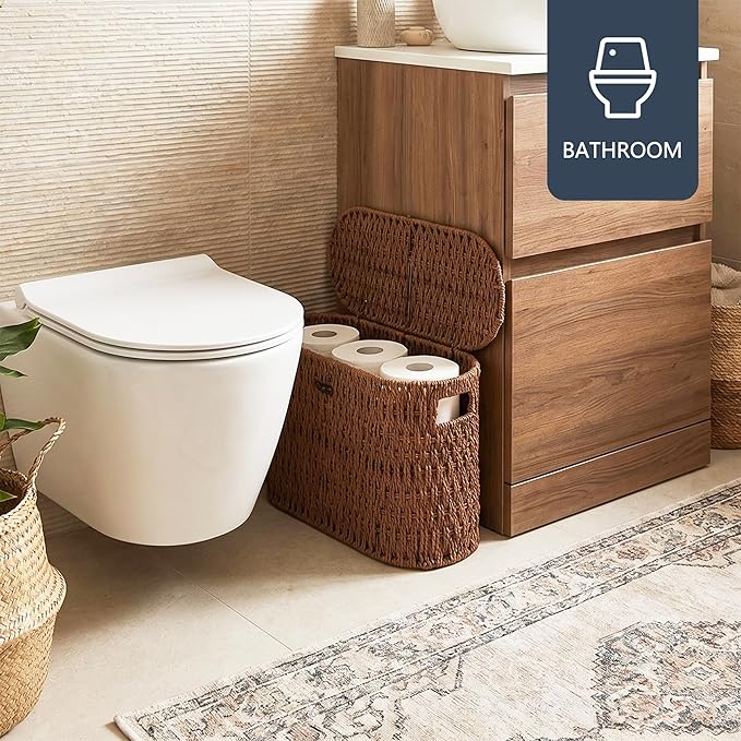 Coeusy Toilet Paper Storage Basket with Lid, Paper Rope Toilet Paper Holder for Up to 6 Mega Rolls, Wicker Basket for Bathroom Accessories Organizer, Boho Hand Woven Rattan Decorative Decor, Brown