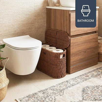 Coeusy Toilet Paper Storage Basket with Lid, Paper Rope Toilet Paper Holder for Up to 6 Mega Rolls, Wicker Basket for Bathroom Accessories Organizer, Boho Hand Woven Rattan Decorative Decor, Brown