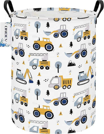 Round Construction Truck Collapsible Laundry Hamper for Nursery,Cute Forest Vehicles Excavator Toy Storage Bin for Kids Boys,Storage Basket for Home,Bedroom,Playroom,New Parent Gift(Excavator)