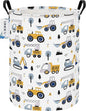 Round Construction Truck Collapsible Laundry Hamper for Nursery,Cute Forest Vehicles Excavator Toy Storage Bin for Kids Boys,Storage Basket for Home,Bedroom,Playroom,New Parent Gift(Excavator)