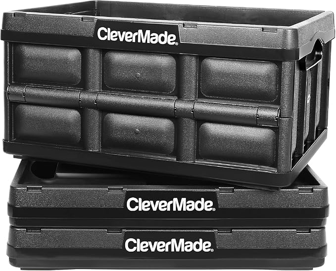 CleverMade Collapsible Storage Bins 32L 3 Pack – Heavy Duty Foldable Storage Bins with Built-In Handles for Garage Storage and Home Organization - Obsidian