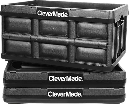 CleverMade Collapsible Storage Bins 32L 3 Pack – Heavy Duty Foldable Storage Bins with Built-In Handles for Garage Storage and Home Organization - Obsidian