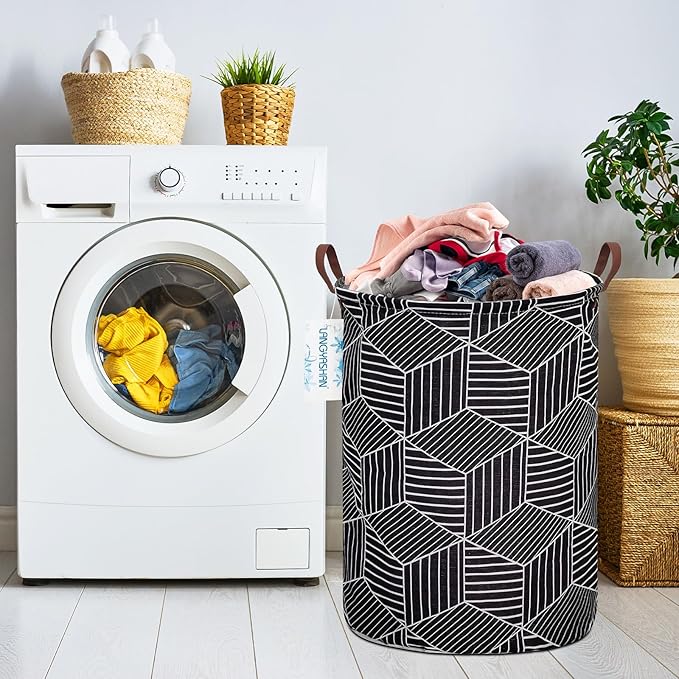 Laundry Basket Canvas Fabric Collapsible Organizer Basket for Storage Bin Toy Bins Gift Baskets Bedroom Clothes Children Nursery Hamper (Black diamond)