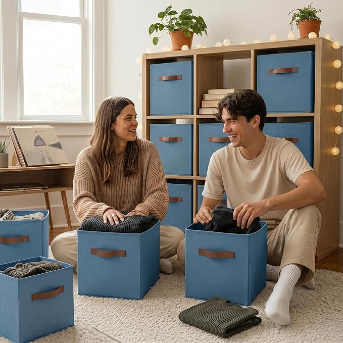 GRANNY SAYS Cube Storage Bins, 11 Inch Storage Cube Organizer, Collapsible Fabric Storage Cubes with PU Handles, Decorative Cube Storage Organizer for Shelves, Closet, Light Blue, 6-Pack