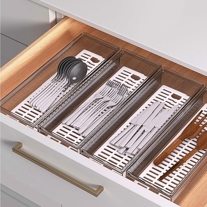 2 Pack Clear Silverware organizer with lid, Plastic Flatware Storage Box, Kitchen Drawer Organizer tray, Cutlery Utensil Holder