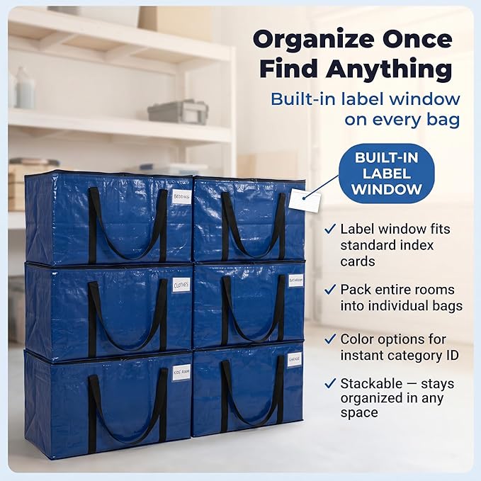 ClearSpace Heavy Duty Moving Bags - Water Resistant Storage Bags or Storage Bins with Lids and Moving Supplies - Large Moving Boxes for College Dorm, Travel, Closet Organization - 6 Pack