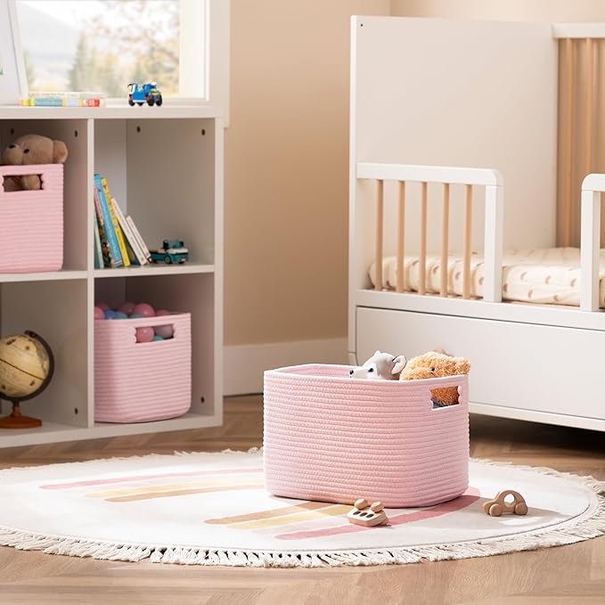 UBBCARE 4 Pack Storage Baskets for Organizing, Shelf Baskets with Handles, Woven Storage Baskets for Bookcase/Cube Shelf/Closet, 14.5"L x 9.8"W x 9"H, Pink