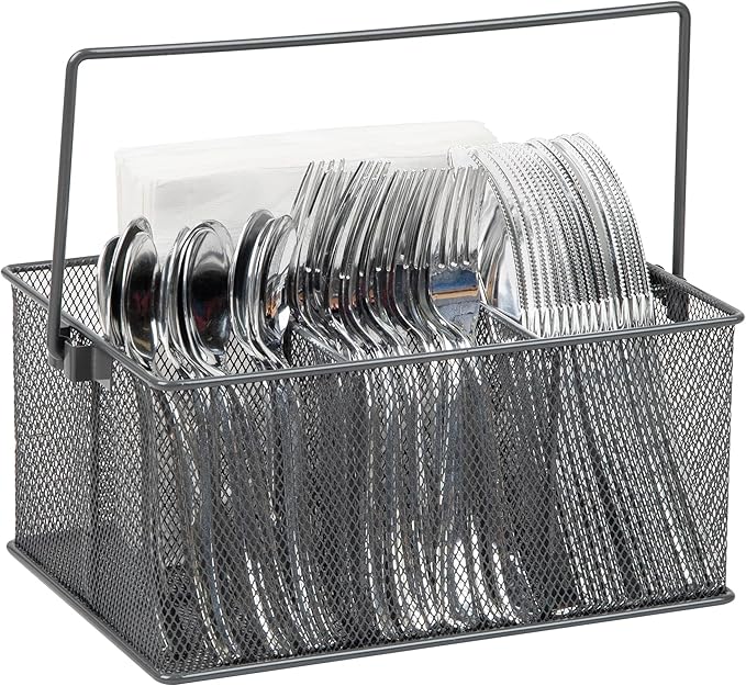 Mind Reader Multi-purpose Storage Caddy with Handle, Desktop Organizer, Cutlery Holder, 4 Compartments, Metal Mesh, Gray