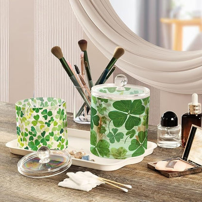 2 Pack Qtip Dispenser Apothecary Jars with Lids Cotton Round Holder Bathroom Canisters for Cotton Swab Floss Ball Pads Clear Plastic Decorative Green St Patrick Clovers