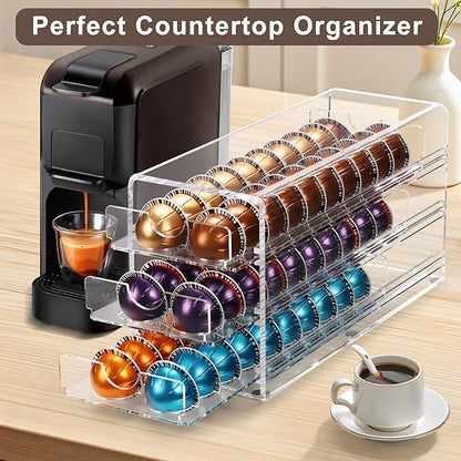 3 Layers Clear Acrylic Coffee Pod Drawer for Nespresso Vertuo 60 Pod Double Sided Pull Out Organizer