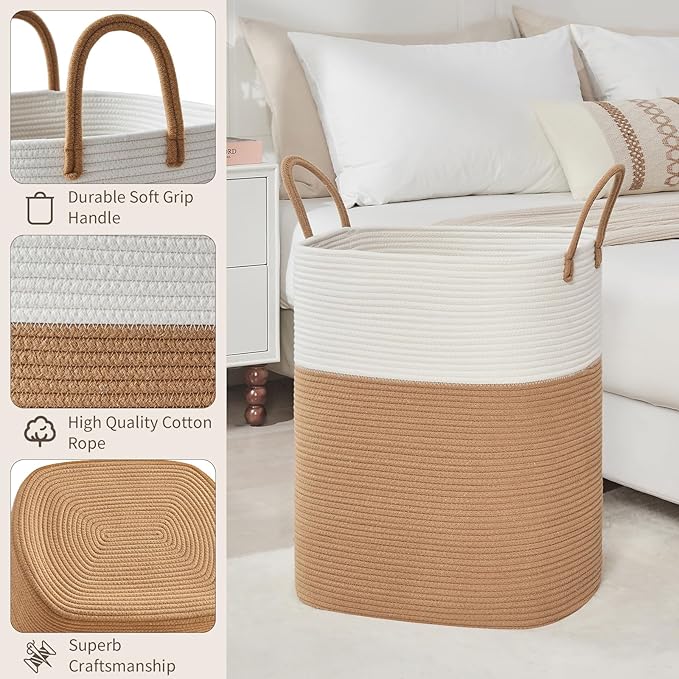 AINUOQI Laundry Basket with Handles - Blanket Basket & Hampers for Bedroom Aesthetic, Laundry Hamper & Blanket Storage for Living Room, Clothes Hamper, Tall, Large 17" x 14" x 22”, White & Jute