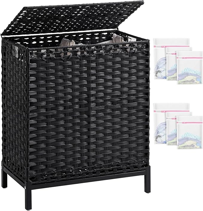 SETVSON Laundry Hamper with Lid, 112 L Handwoven Rattan Wicker Laundry Basket, 2 Removable Liner Bags Metal Heightened Feet, 6 Mesh Bags, 2 Section Large Clothes Hamper for Bathroom Bedroom, Black