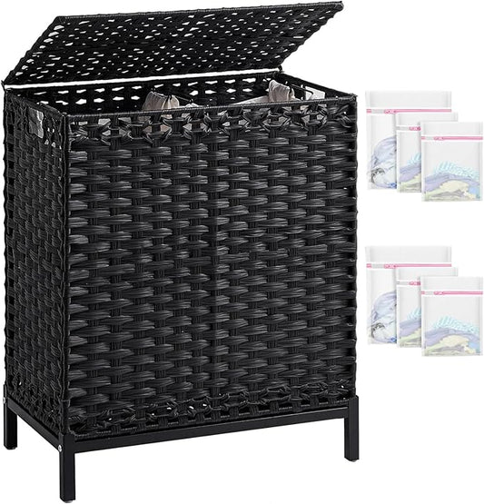 SETVSON Laundry Hamper with Lid, 112 L Handwoven Rattan Wicker Laundry Basket, 2 Removable Liner Bags Metal Heightened Feet, 6 Mesh Bags, 2 Section Large Clothes Hamper for Bathroom Bedroom, Black