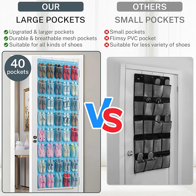 40-Pocket Over the Door Shoe Organizer - Large Mesh Pocket Hanging Shoe Organizer,Behind the Door Shoes Storage Holder Hanger