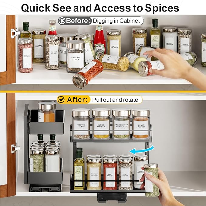 iSPECLE Vertical Spice Rack Pull Out - 1 Pack Rotate No-Drill Slide Out Spice Rack for Cabinet Swivel Easy Access Spices, Adjust Height for 4oz to 8oz Spice Jars Inside Kitchen Pantry Cabinet, White