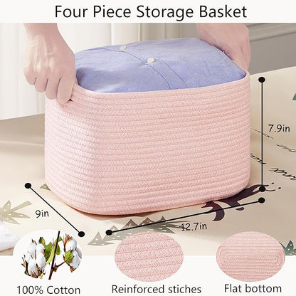 Pink Storage Bins 4 Pack Rectangular Rope Basket for Shelves for Baby Nursery Organization 12.7"Lx9"Wx7.9"H