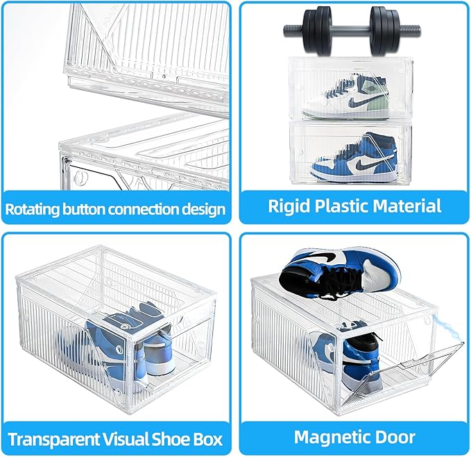 Large Shoe Boxes Clear Plastic Stackable，Drop Front Shoe Box with Clear Door, Shoe Containers For Sneaker Display,Fit up to US Size12 (white clear-Conjoined structure, 6 pack)