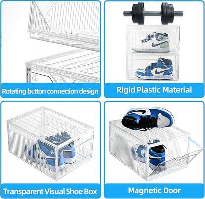 Large Shoe Boxes Clear Plastic Stackable，Drop Front Shoe Box with Clear Door, Shoe Containers For Sneaker Display,Fit up to US Size12 (white clear-Conjoined structure, 6 pack)