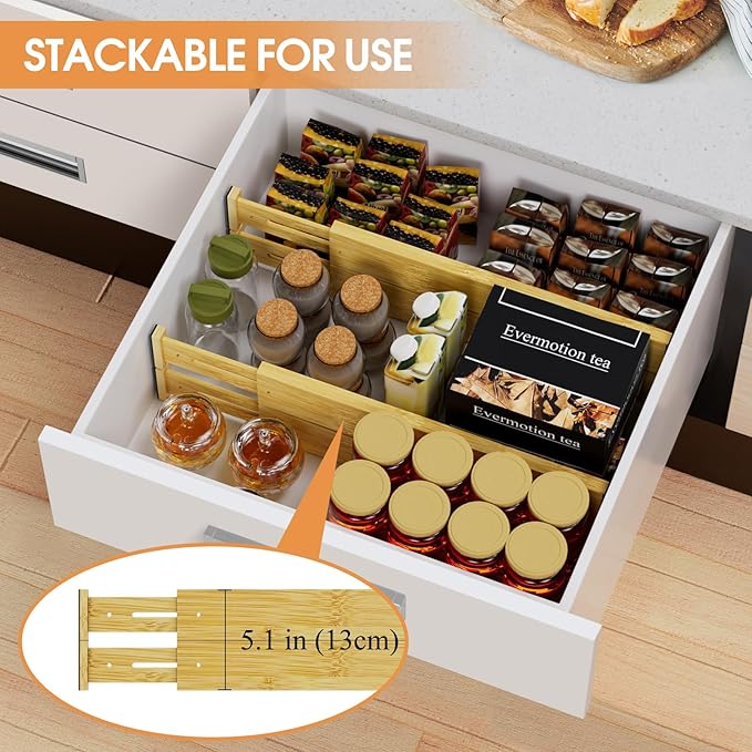Bamboo Drawer Dividers,17-22" Adjustable Kitchen Drawer Organizer for Clothes,4 Pack Expandable Drawer Organization Separators for Bedroom,Bathroom,Dresser and Office,Natural