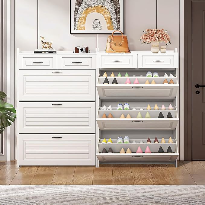 Vibe & Dine Narrow Shoe Organizer Cabinet with 3 Large Flip Drawers & 2 Storage Drawers - Slim Shoe Storage for Entryway, Hallway, Bedroom