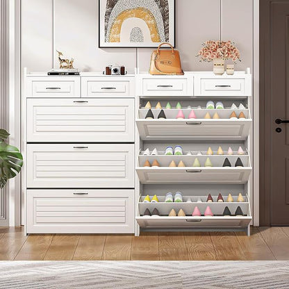 Vibe & Dine Narrow Shoe Organizer Cabinet with 3 Large Flip Drawers & 2 Storage Drawers - Slim Shoe Storage for Entryway, Hallway, Bedroom
