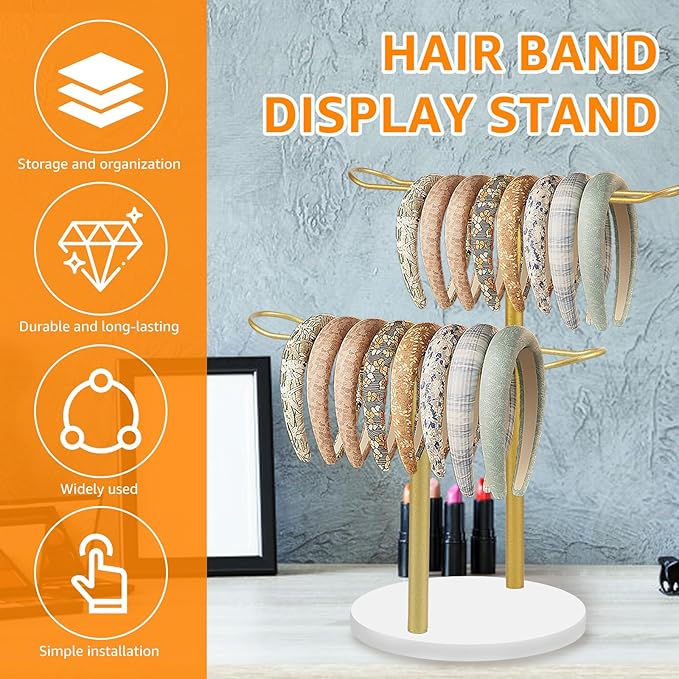 Headband Holder Organizer, Metal Hair Hoop Display Stand Headband Organizer Storage Hair Ropes Accessories Bracelets, for Women Girls Bedroom Decor, College Dorm Room Decor (Double Layer)