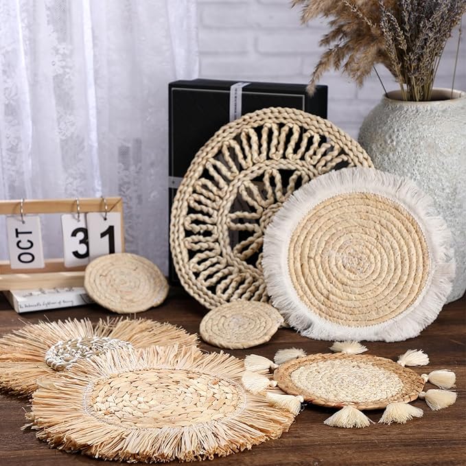 CroBlissful 7 Pcs Boho Wall Basket Decor Hanging Handcrafted Seagrass Woven Round Bohemian Basket Wall Decoration Art for Farmhouse Home Room Rustic Decorations Table, Multi Sizes(Vintage)