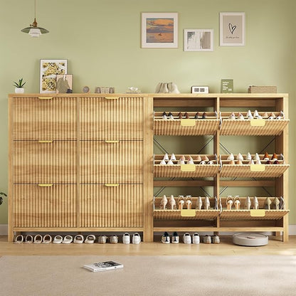 YOMILUVE 47.3" Shoe Cabinet Storage for Entryway, Fluted Shoe Cabinet with 6 Flip Drawers, Slim Shoe Rack Freestanding Wooden Shoe Organizer with Legs for Hallway, Oak