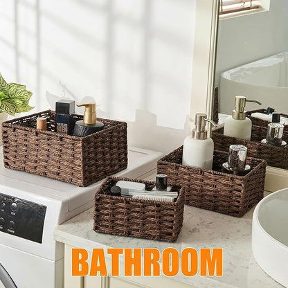 Small Wicker Basket for Organizing, Woven Storage Basket Set of 3 - Handwoven Natural Paper Rope Baskets to Declutter Any Room, Perfect for Organizing and Home Decor (Coffee)