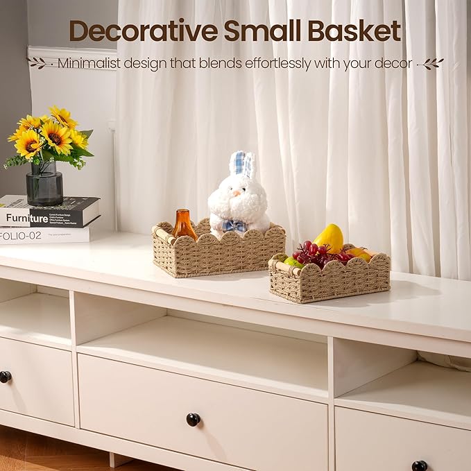 iEGrow Paper Rope Small Storage Baskets for Organizing, Set of 2 Scalloped Edge Wicker Basket with Wooden Handles Toilet Paper Basket for Over Toilet Storage Shelf, Home Decor, Living Room (Neutral)