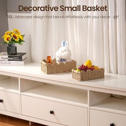 iEGrow Paper Rope Small Storage Baskets for Organizing, Set of 2 Scalloped Edge Wicker Basket with Wooden Handles Toilet Paper Basket for Over Toilet Storage Shelf, Home Decor, Living Room (Neutral)
