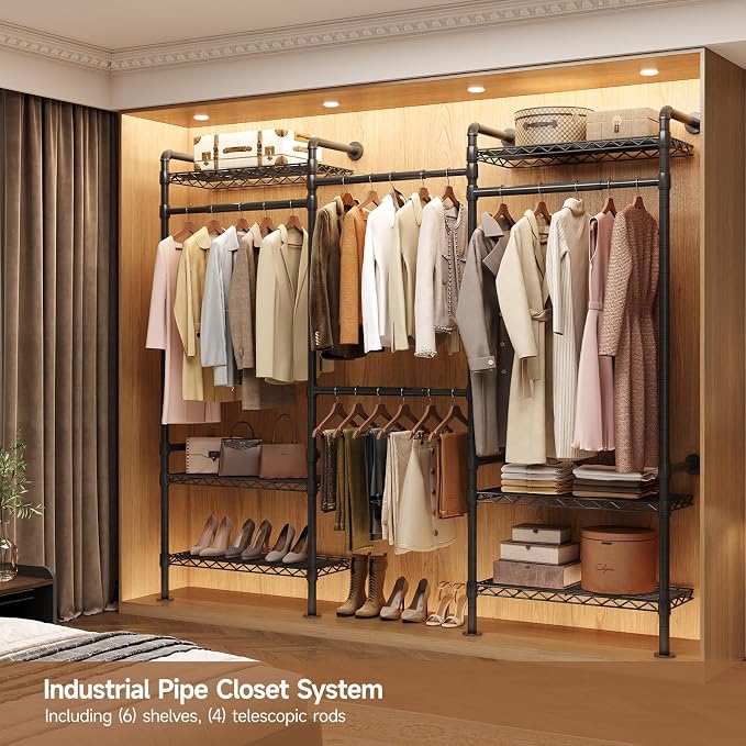 Wall-Mounted 3-Section Closet System, Expandable Industrial Pipe Clothing Rack with 4 Telescopic Rods & 6 Mesh Shelves, Heavy Duty Garment Organizer for Walk-In Closets & Bedrooms, Black
