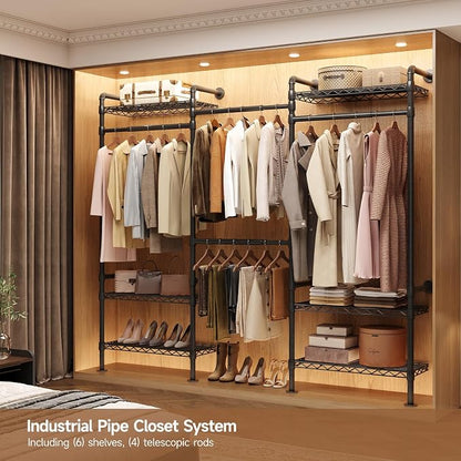 Wall-Mounted 3-Section Closet System, Expandable Industrial Pipe Clothing Rack with 4 Telescopic Rods & 6 Mesh Shelves, Heavy Duty Garment Organizer for Walk-In Closets & Bedrooms, Black